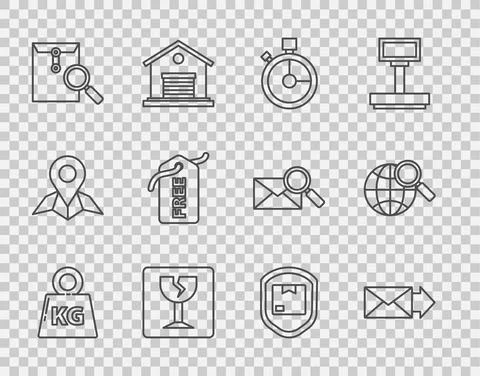 Set line Weight, Envelope, Fast time delivery, Fragile broken glass, with Illustrazione stock