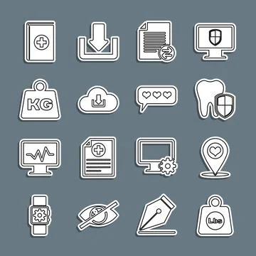 Set line Weight pounds, Map pointer with heart, Dental protection, Transfer Stock Illustration