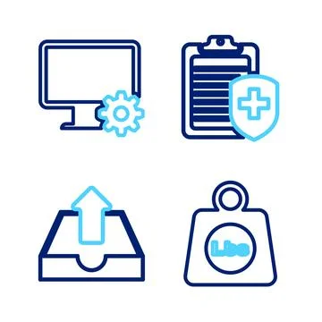 Set line Weight pounds Upload inbox Clipboard with medical insurance and Comp Ilustração Stock
