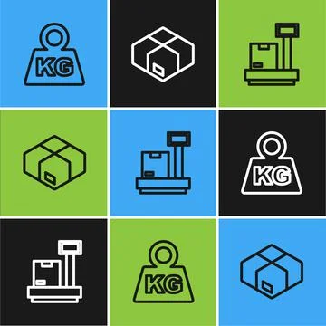 Set line Weight, Scale with cardboard box and Carton icon. Vector 스톡 일러스트