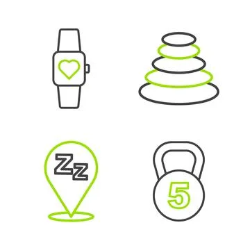 Set line Weight, Sleepy, Stack hot stones and Smart watch icon. Vector Stock Illustration