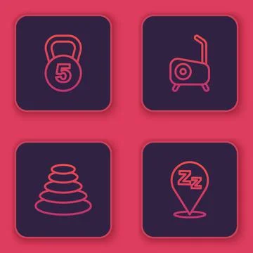 Set line Weight, Stack hot stones, Stationary bicycle and Sleepy. Blue square Illustrazione stock