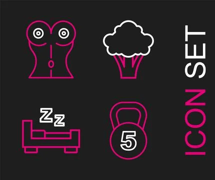 Set line Weight, Time to sleep, Broccoli and Women waist icon. Vector Illustrazione stock