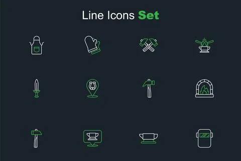 Set line Welding mask, Blacksmith anvil tool, Hammer, oven, Horseshoe and M.. Stock Illustration