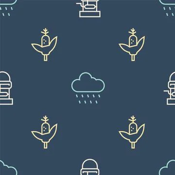 Set line Well with bucket, Corn and Cloud rain on seamless pattern. Vector Illustrazione stock