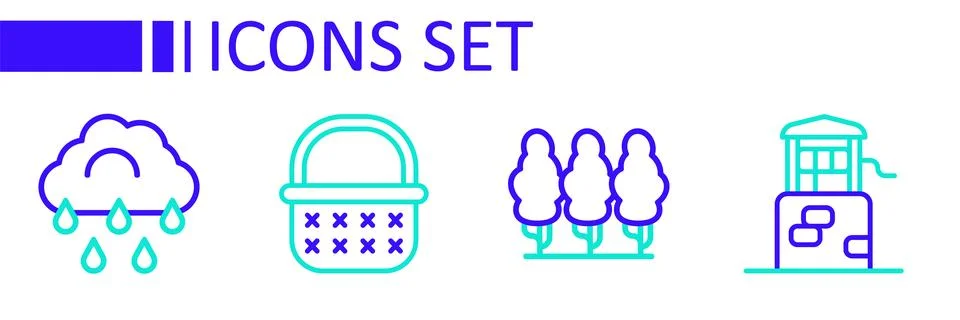Set line Well, Fruit trees, Wicker basket and Cloud with rain icon. Vector Stock Illustration