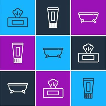 Set line Wet wipe pack, Bathtub and Tube of toothpaste icon. Vector 库存插图