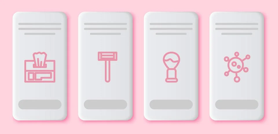 Set line Wet wipe pack, Shaving razor, brush and Virus. White rectangle button Stock Illustration