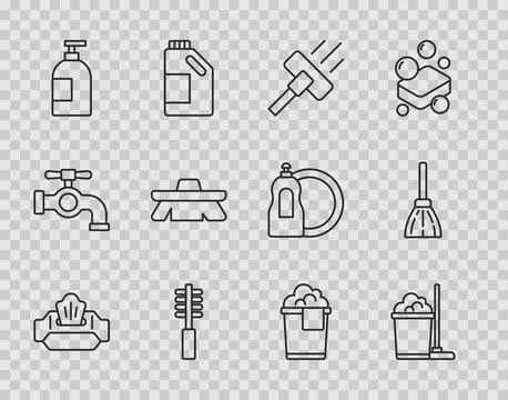 Set line Wet wipe pack, Mop and bucket, Vacuum cleaner, Toilet brush Stock-Illustration
