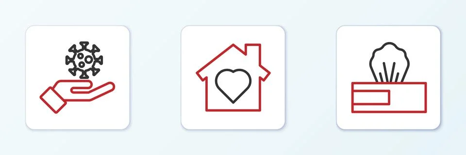 Set line Wet wipe pack, Hand with virus and House heart inside icon. Vector Stock Illustration