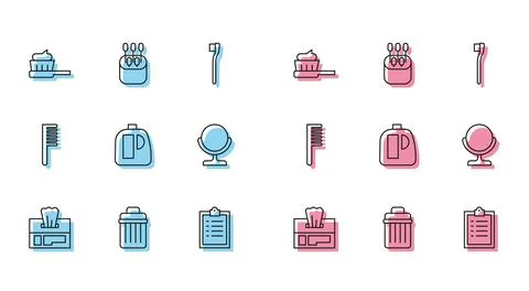 Set line Wet wipe pack, Trash can, Toothbrush with toothpaste, Clipboard ch.. 库存插图