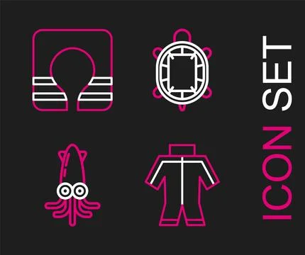 Set line Wetsuit, Octopus, Turtle and Life jacket icon. Vector 스톡 일러스트