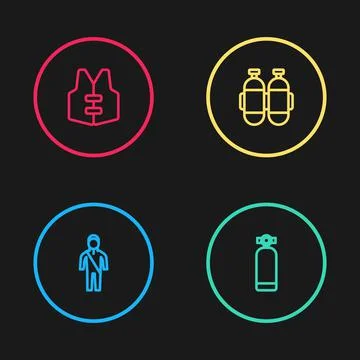 Set line Wetsuit for scuba diving, Aqualung, and Life jacket icon. Vector Stockillustratie