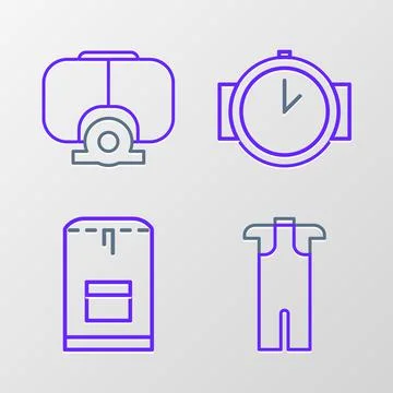 Set line Wetsuit for scuba diving, Backpack, Diving watch and mask icon. Vector Illustrazione stock