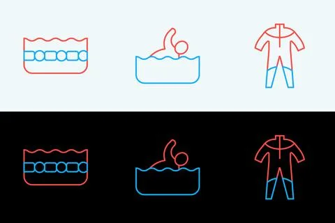 Set line Wetsuit for scuba diving, Swimming pool and Swimmer icon. Vector Stock Illustration