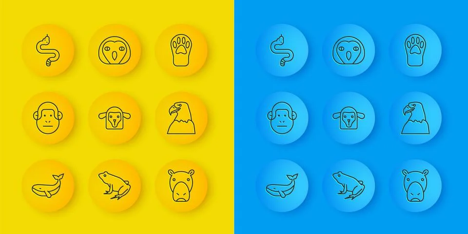 Set line Whale, Monkey, Sheep head, Hippo or Hippopotamus, Eagle, Snake, Paw Stock Illustration