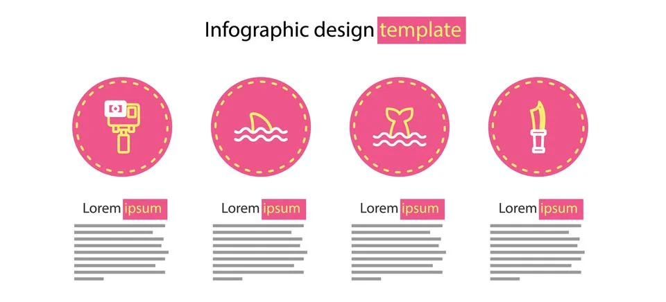 Set line Whale tail, Diving knife, Shark and Action extreme camera icon. Vector Stock Illustration
