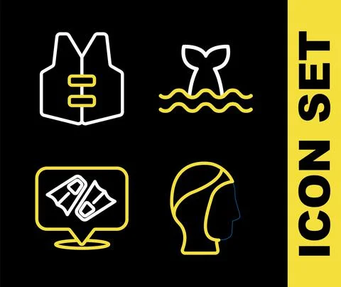 Set line Whale tail, Diving hood, Flippers for swimming and Life jacket icon Illustrazione stock