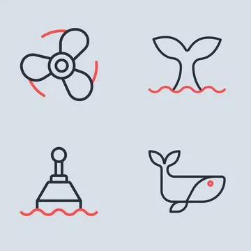 Set line Whale tail, Floating buoy,  and Boat propeller icon. Vector Illustrazione stock