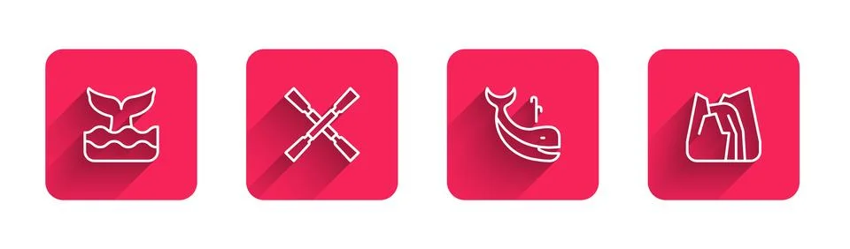 Set line Whale tail, Oars or paddles boat,  and Waterfall with long shadow... Stock Illustration