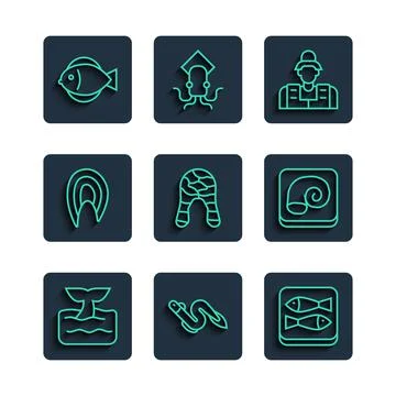 Set line Whale tail in ocean wave, Eel fish, Canned, Fisherman, steak, and Illustrazione stock