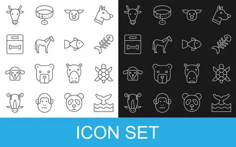 Set line Whale tail in ocean wave, Turtle, Fish skeleton, Pig, Horse, Dog bone Illustration