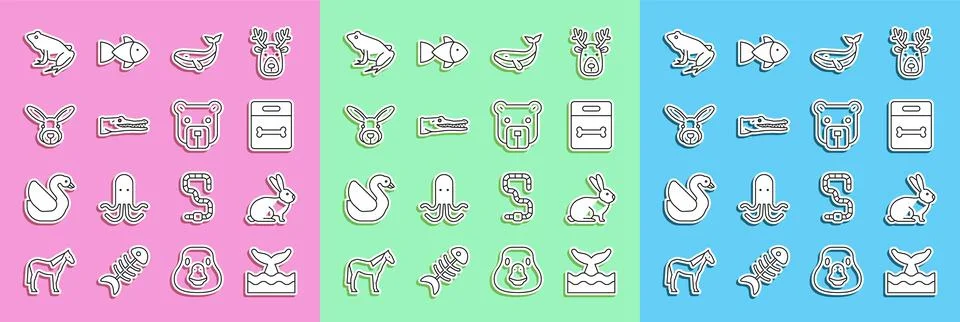 Set line Whale tail in ocean wave, Rabbit, Dog bone, Crocodile, head, Frog and Stock Illustration