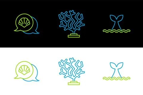 Set line Whale tail in ocean wave, Scallop sea shell and Coral icon. Vector Stock Illustration