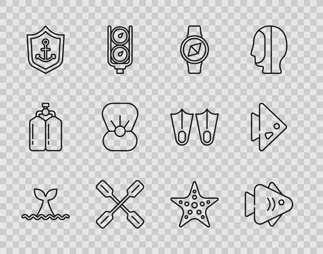 Set line Whale tail in ocean wave, Fish, Compass, Paddle, Anchor inside shi.. Illustration