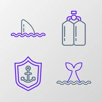 Set line Whale tail in ocean wave, Anchor inside shield, Aqualung and Shark.. Illustrazione stock