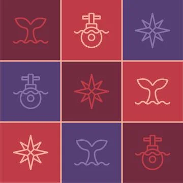Set line Whale tail, Wind rose and Submarine icon. Vector Illustration