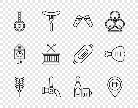 Set line Wheat, Alcohol or beer bar location, Glass of, Beer tap, Banjo, Mu.. Stock Illustration