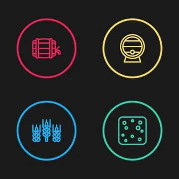 Set line Wheat, Beer bubbles, Wooden barrel on rack and icon. Vector Stock Illustration