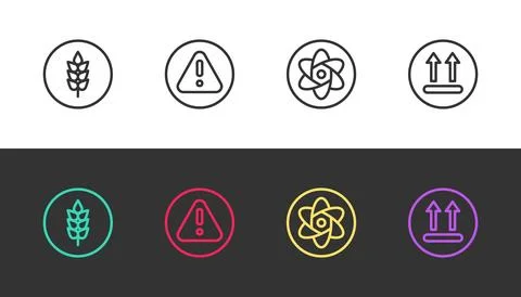 Set line Wheat, Exclamation mark in triangle, Test tube and flask and Tempe.. イラスト素材