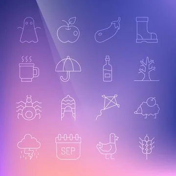 Set line Wheat, Hedgehog, Bare tree, Eggplant, Umbrella, Cup of tea, Ghost and Stock Illustration