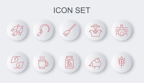 Set line Wheat, Leaf, Handle broom, Hedgehog, Candy, Sickle, Cup of tea and Jam Illustration