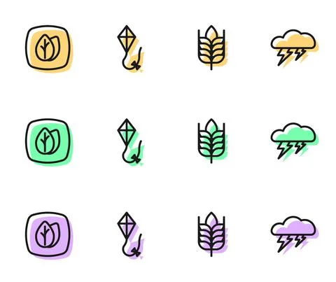 Set line Wheat, Leaf, Kite and Cloud and lightning icon. Vector Stock Illustration
