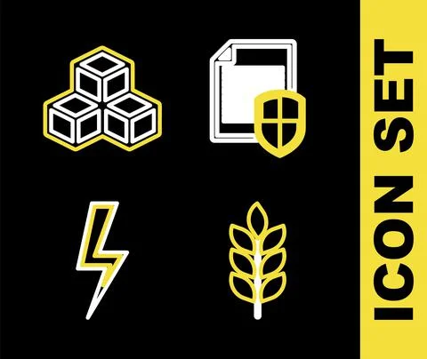 Set line Wheat, Lightning bolt, Play Video and Isometric cube icon. Vector Stock Illustration