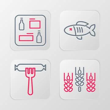 Set line Wheat, Sausage on the fork, Dried fish and Beer menu icon. Vector Stock Illustration