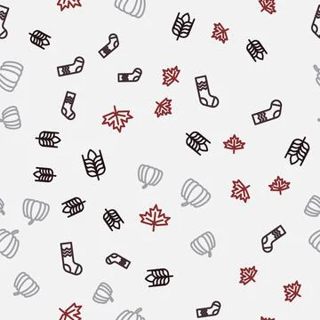 Set line Wheat, Socks, Pumpkin and Canadian maple leaf on seamless pattern Stock Illustration