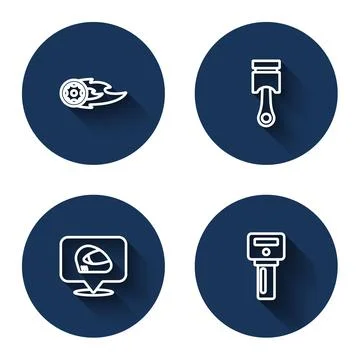 Set line Wheel in fire flame, Engine piston, Racing helmet and Car key with Stock Illustration