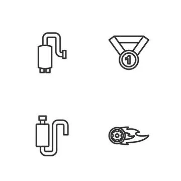 Set line Wheel in fire flame, Car muffler, and Medal icon. Vector Stock Illustration