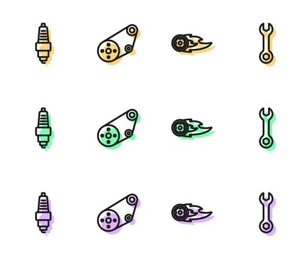 Set line Wheel in fire flame, Car spark plug, Timing belt kit and Wrench spanner Stock Illustration