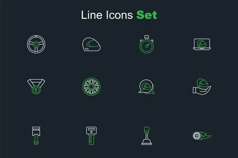 Set line Wheel in fire flame, Gear shifter, Car key with remote, Engine pis.. Stock Illustration