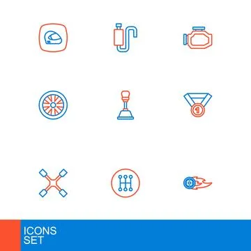 Set line Wheel in fire flame, Gear shifter, wrench, Medal, Stopwatch, Check.. Stock Illustration