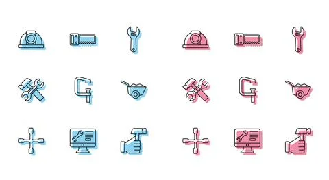 Set line Wheel wrench, Computer monitor service, Worker safety helmet, Hammer 스톡 일러스트