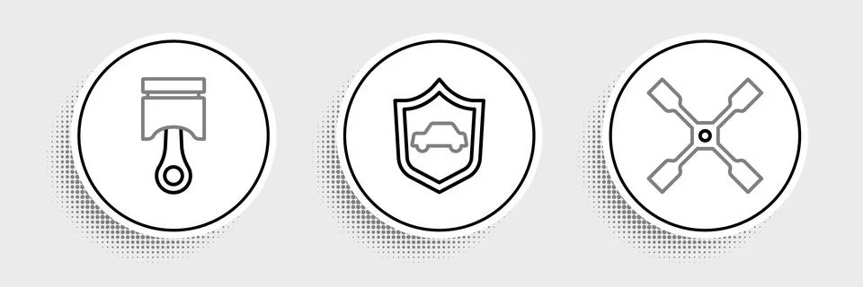 Set line Wheel wrench, Engine piston and Car with shield icon. Vector Illustrazione stock