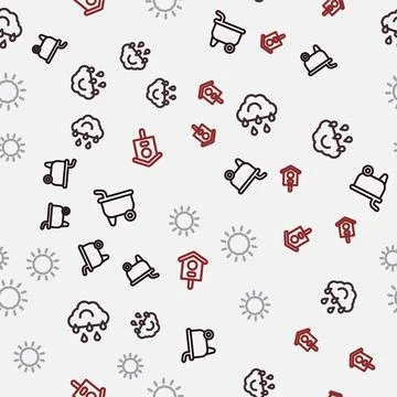 Set line Wheelbarrow, Cloud with rain, Sun and Bird house on seamless pattern Stock Illustration