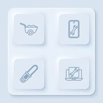 Set line Wheelbarrow, Mobile service, Chainsaw and Laptop. White square button 库存插图