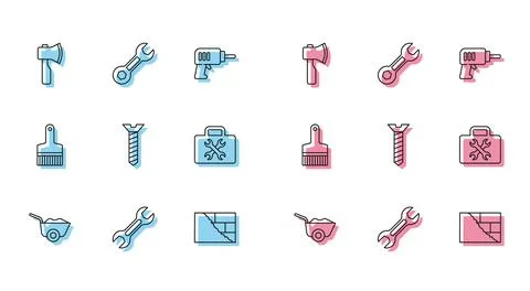 Set line Wheelbarrow, Wrench spanner, Wooden axe, Bricks, Metallic screw, T.. Ilustración de archivo